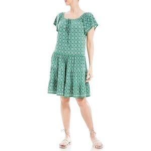 Max Studio Tiered Short Flowy Dress Green Floral Tie Neck XL Extra Large